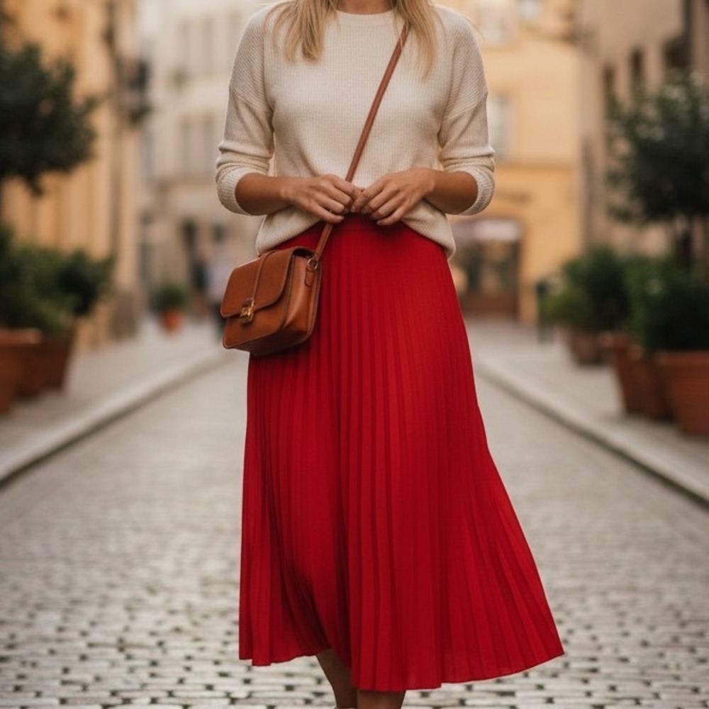 Nicole‎ Miller Skirt Womens 14 Red Faux Suede Pleated Midi Career Preppy Solid